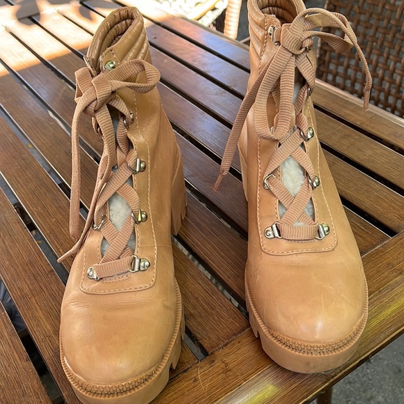 Aqua "Gilca" Block Heel Booties In Honey Beige - Picture 2 of 16